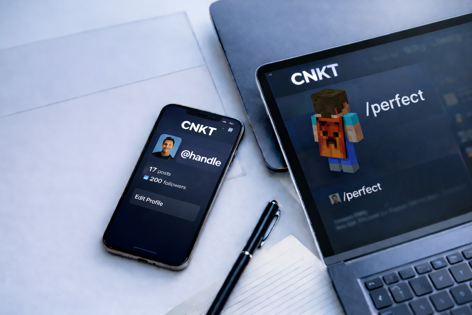 Phone and laptop showing CNKT profiles with a claimed handle and a Minecraft username